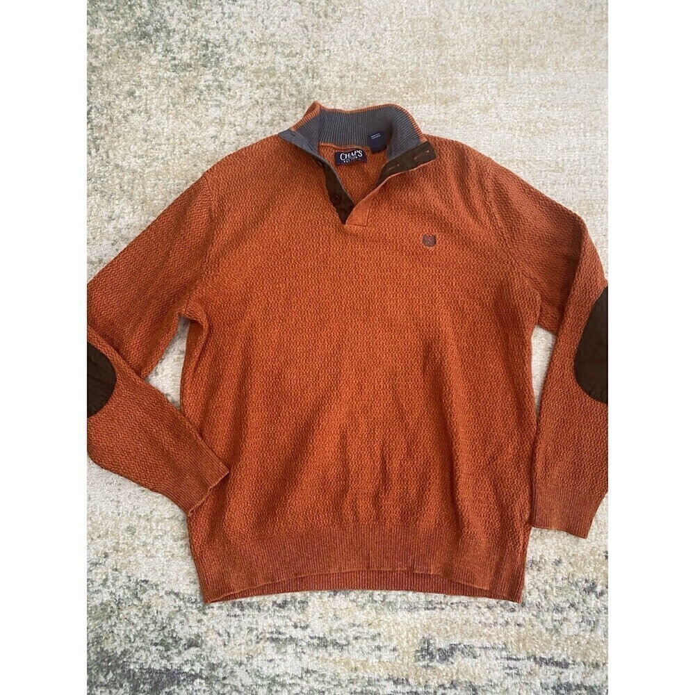 Chaps Ralph Lauren Sz L Mens Mock Neck Orange Henley Sweater With Elbow Patches